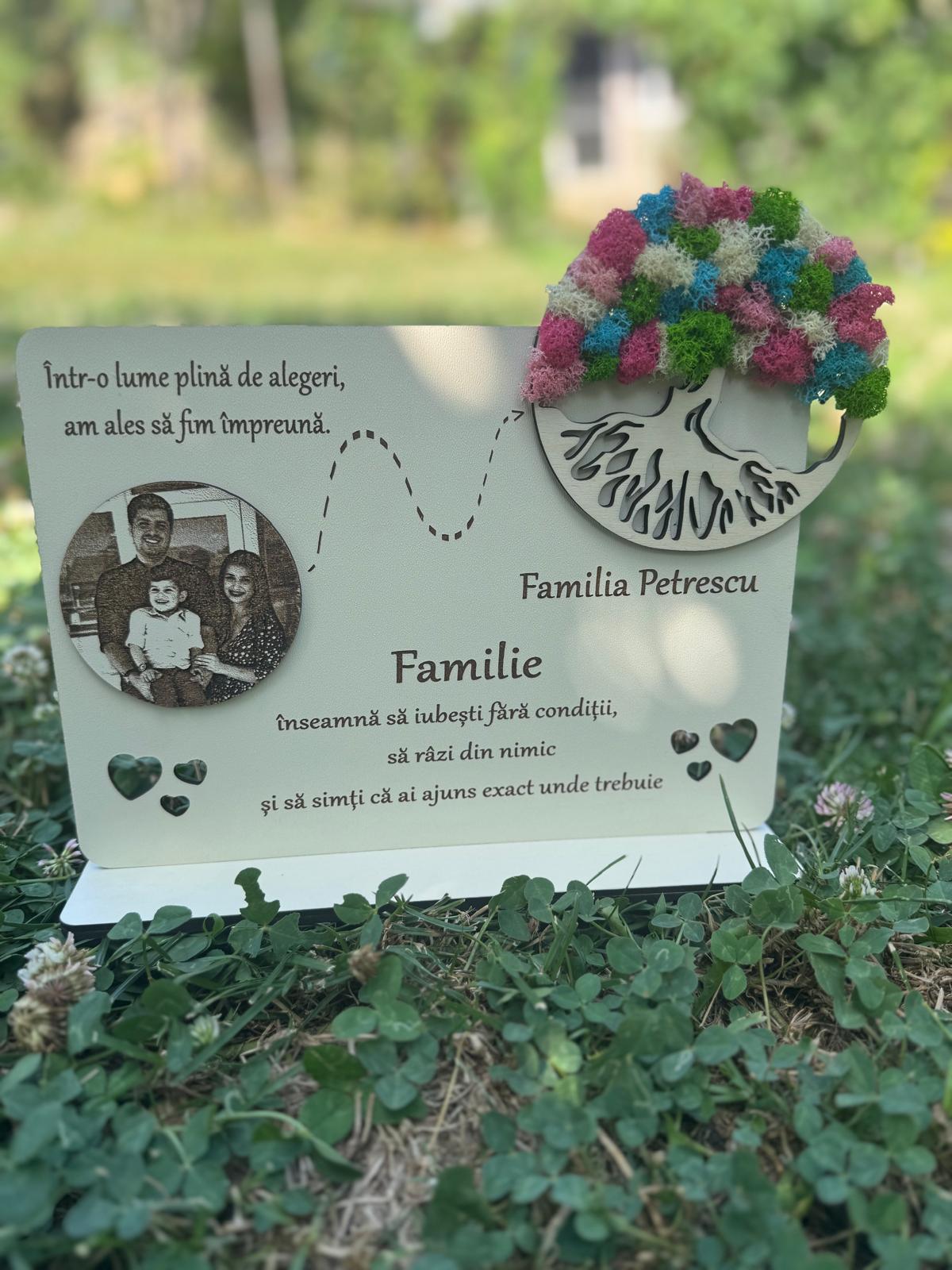 Suport Decorativ Familie – Copacul Vieții cu Poză & Text Gravat, Licheni Multicolori