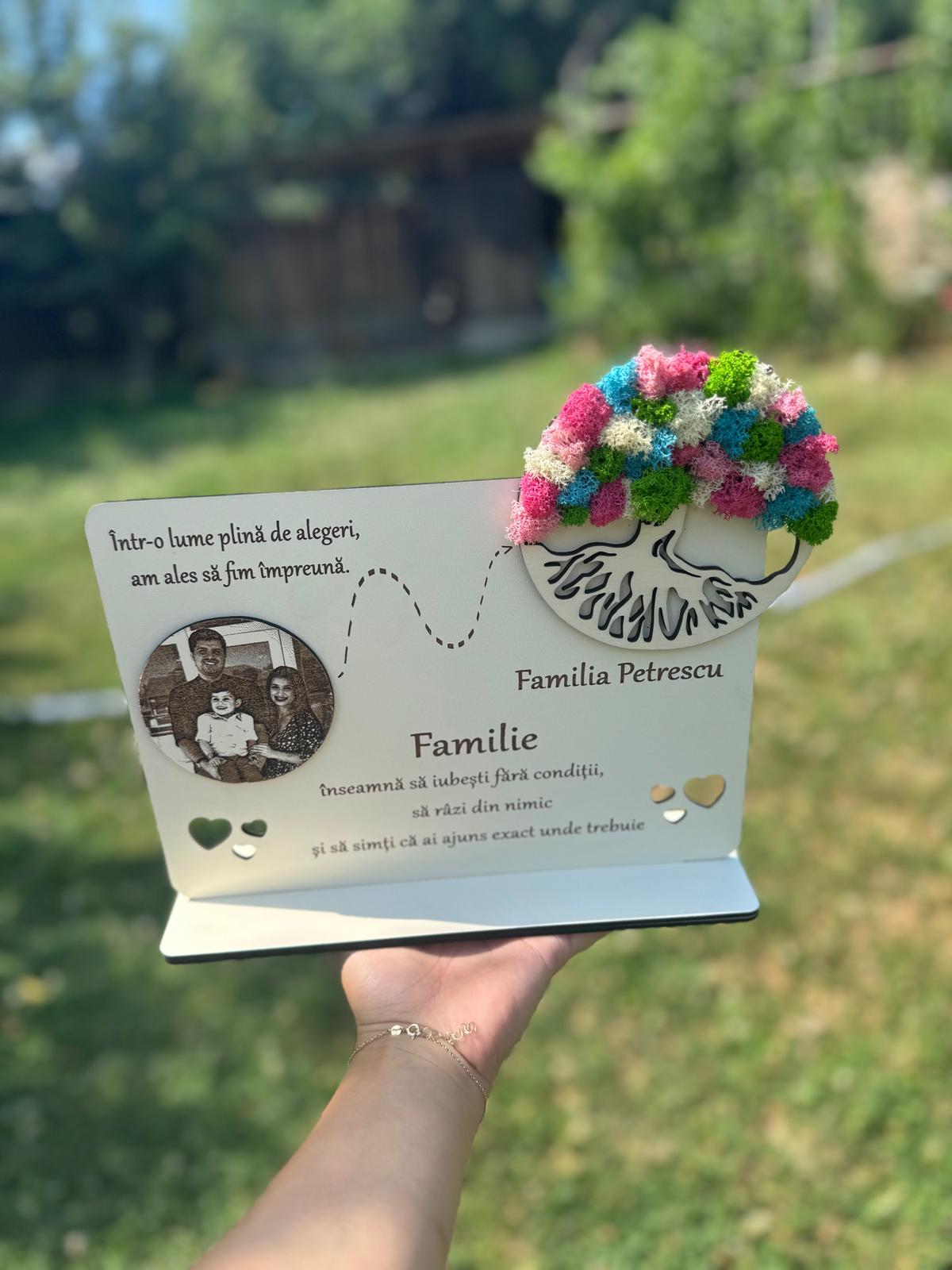 Suport Decorativ Familie – Copacul Vieții cu Poză & Text Gravat, Licheni Multicolori