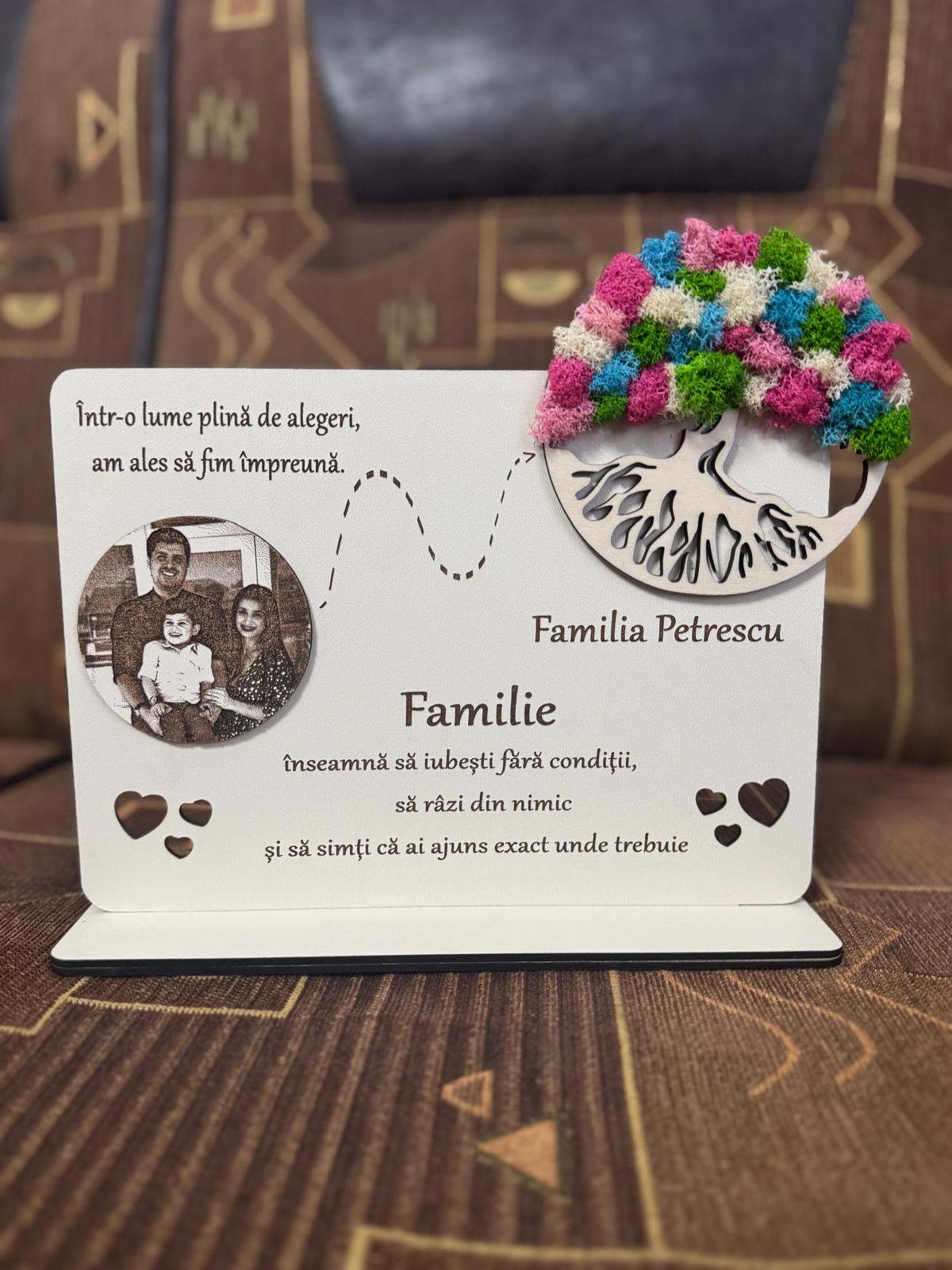 Suport Decorativ Familie – Copacul Vieții cu Poză & Text Gravat, Licheni Multicolori