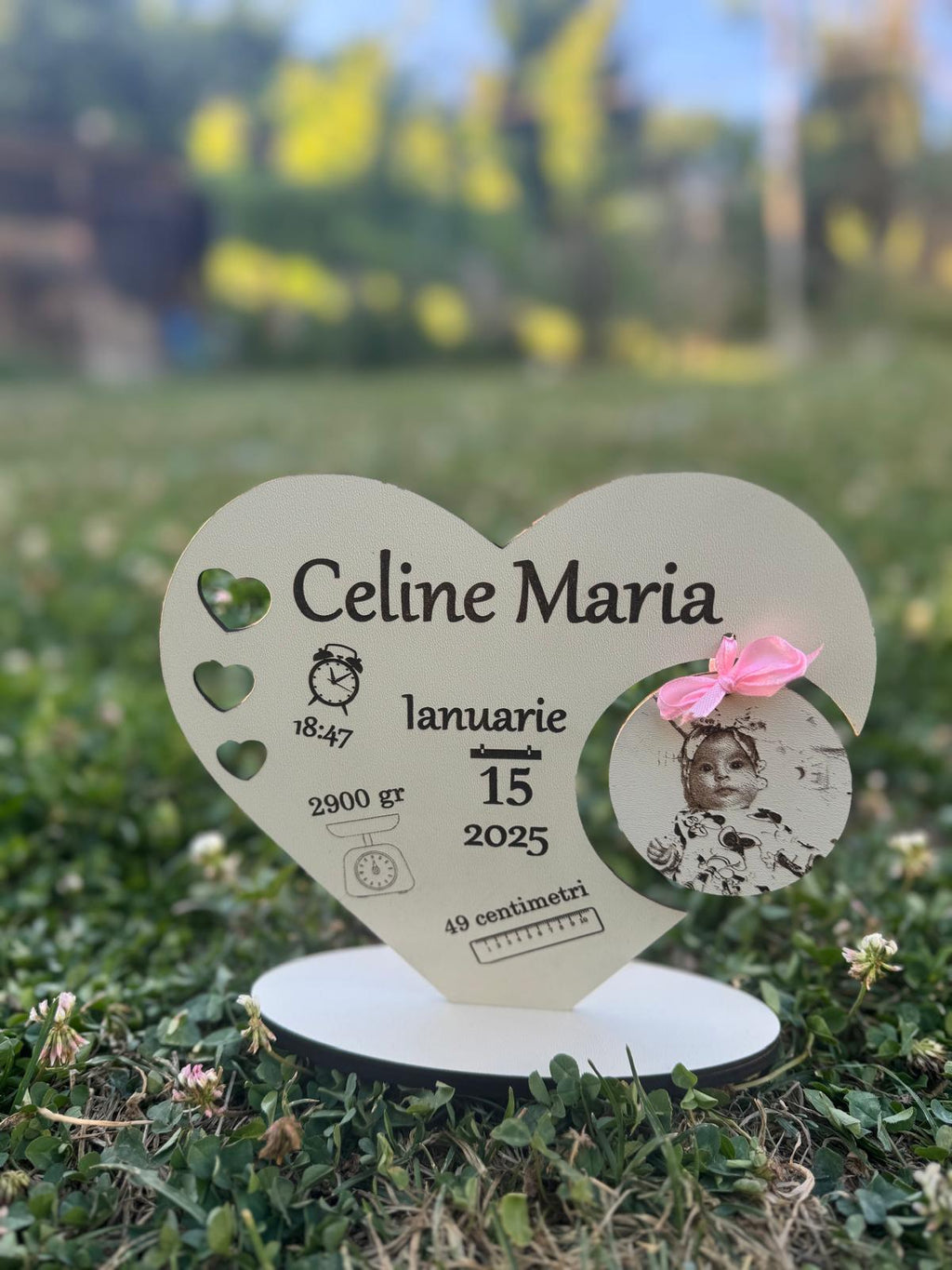 Cadou Nou-Născut Personalizat „Inimioară" cu Foto și Date de Naștere – HDF | RaisAnd Art Creation