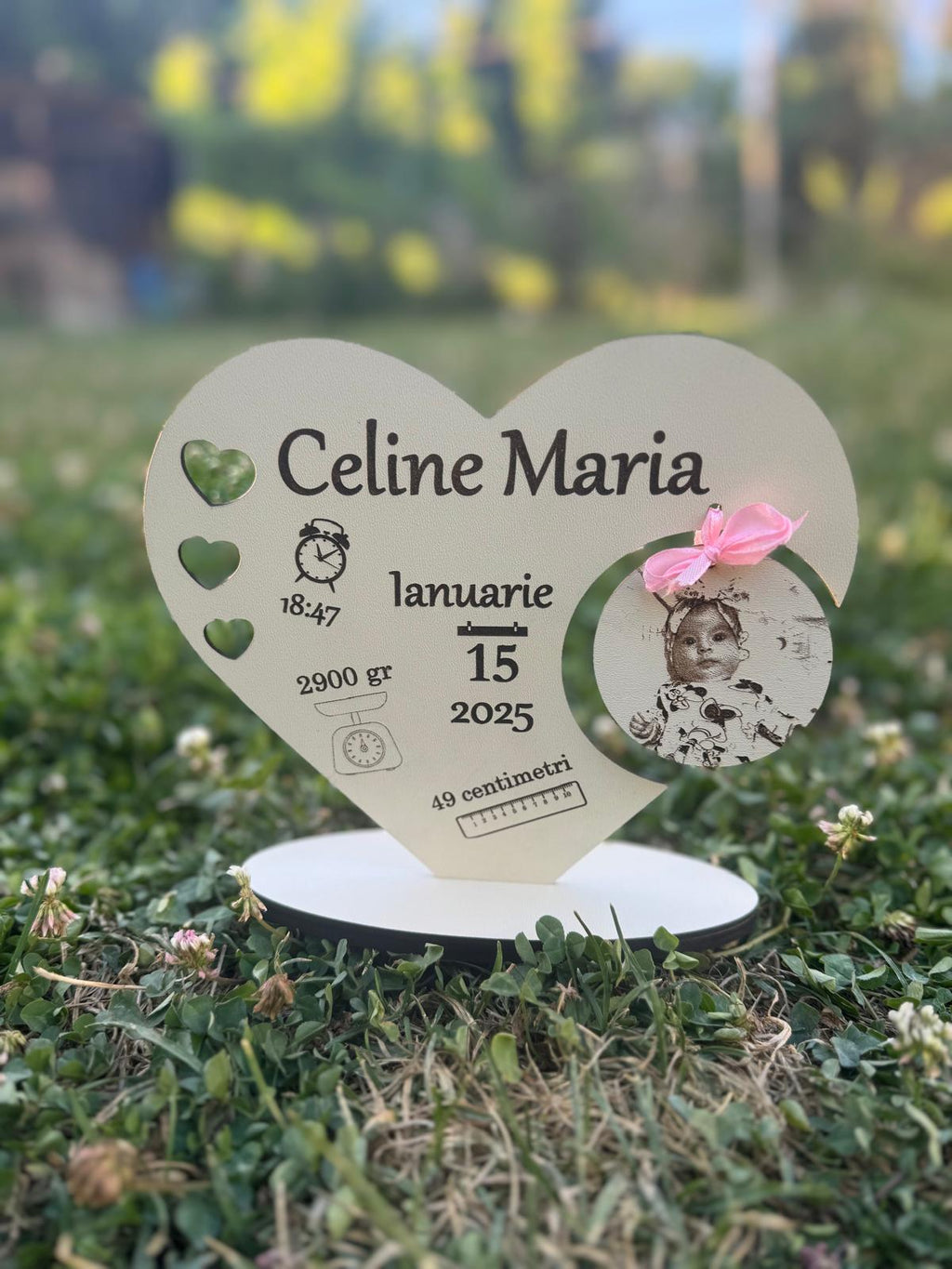 Cadou Nou-Născut Personalizat „Inimioară" cu Foto și Date de Naștere – HDF | RaisAnd Art Creation