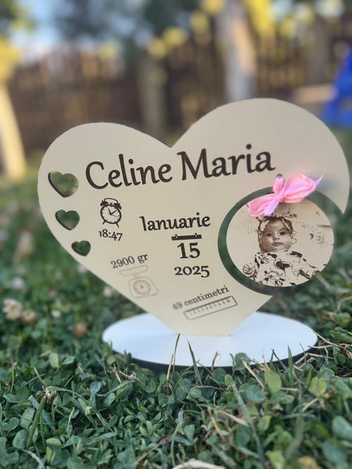 Cadou Nou-Născut Personalizat „Inimioară" cu Foto și Date de Naștere – HDF | RaisAnd Art Creation